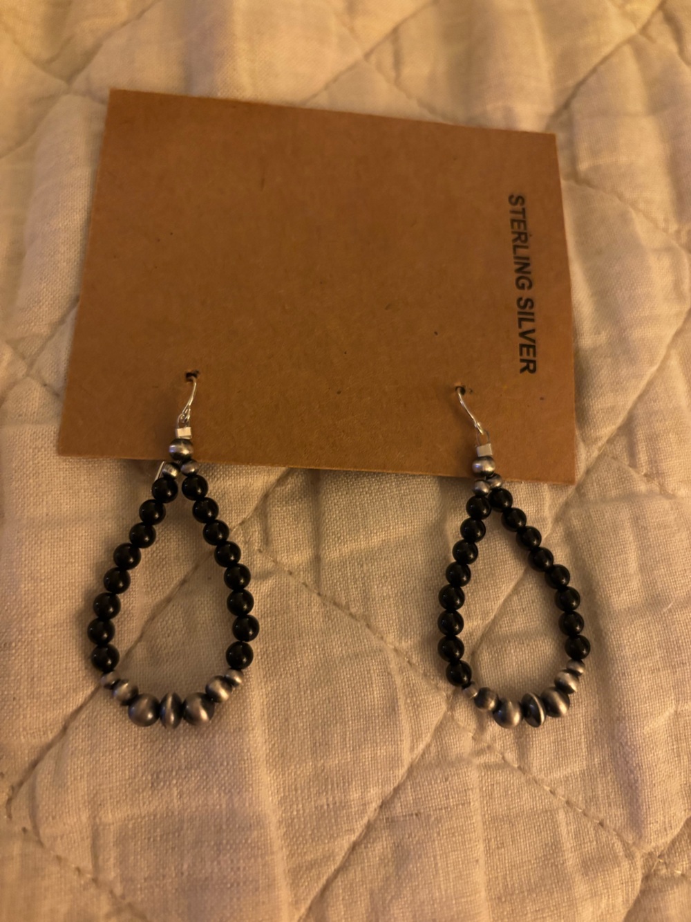 Sterling Silver Black Bead Teardrop Earrings - Women Jewelry